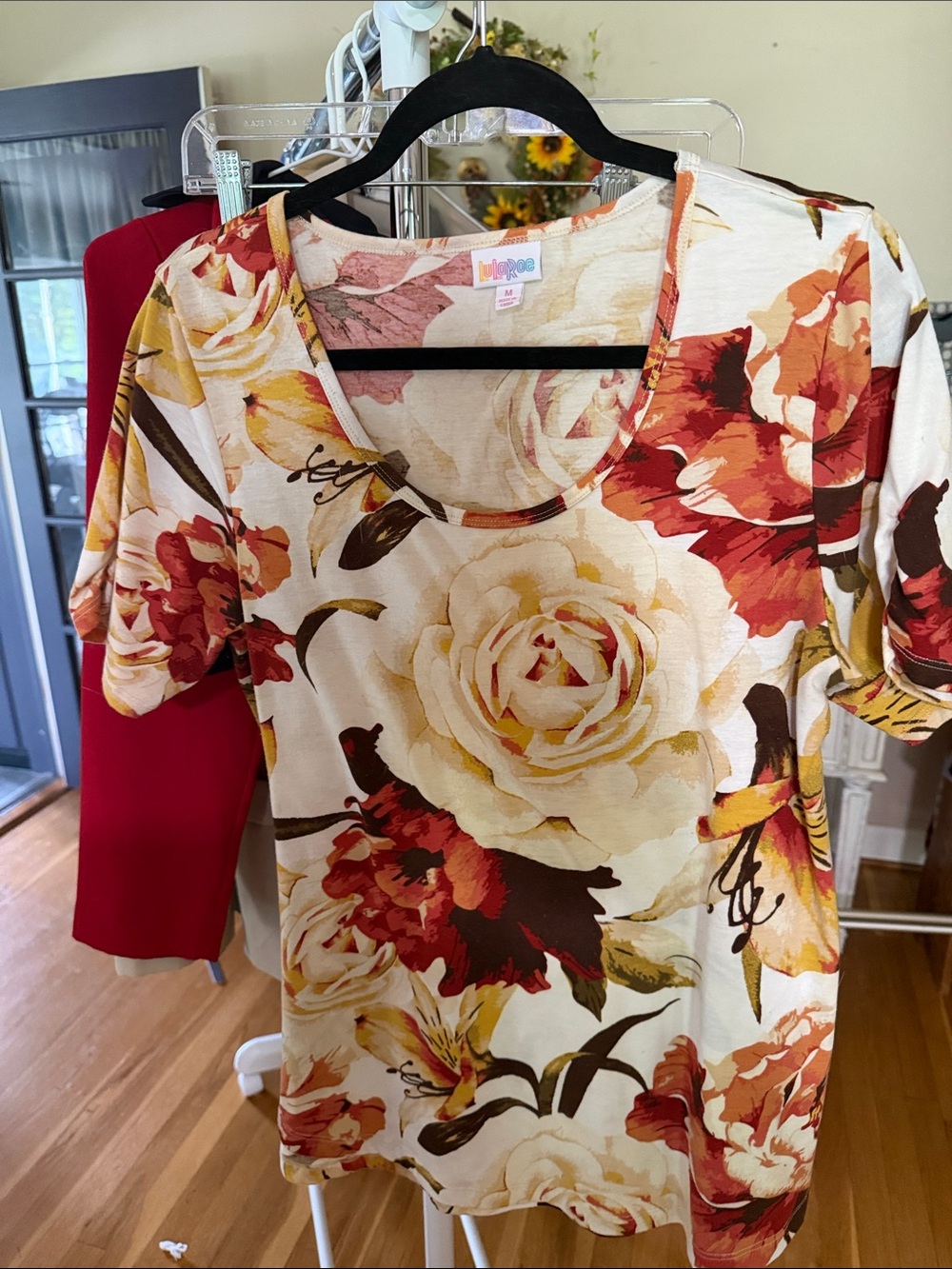 LuLaRoe Cream Floral Scoop Neck Top with Rust & Mustard Blooms